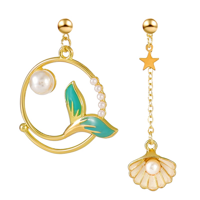 Fancyqube Anting Klip Desain Mermaid Asimetris Warna Biru Laut Untuk Wanita