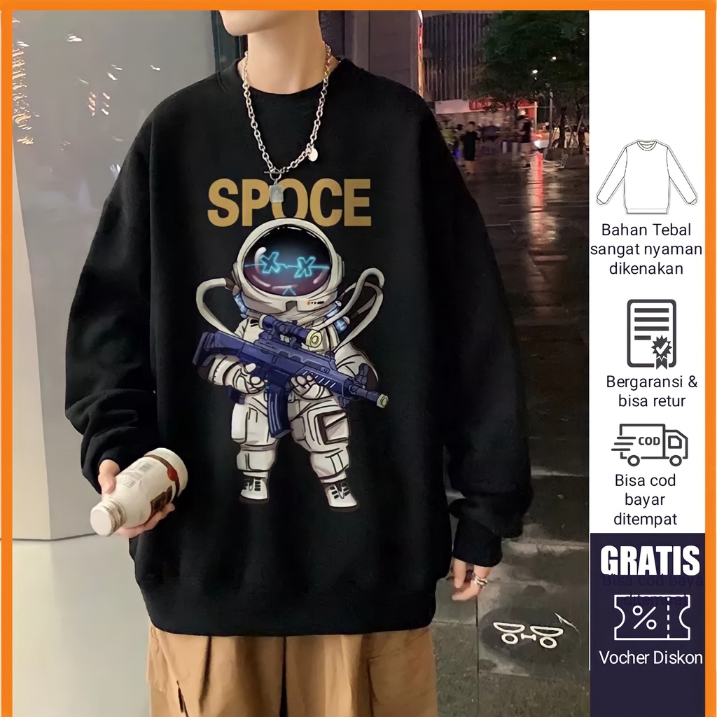 Sweater Pria Wanita Hitam Oversize Korean Style Crewnek Cowok Korea Robotic Nasa Astronot Sweeter Ce