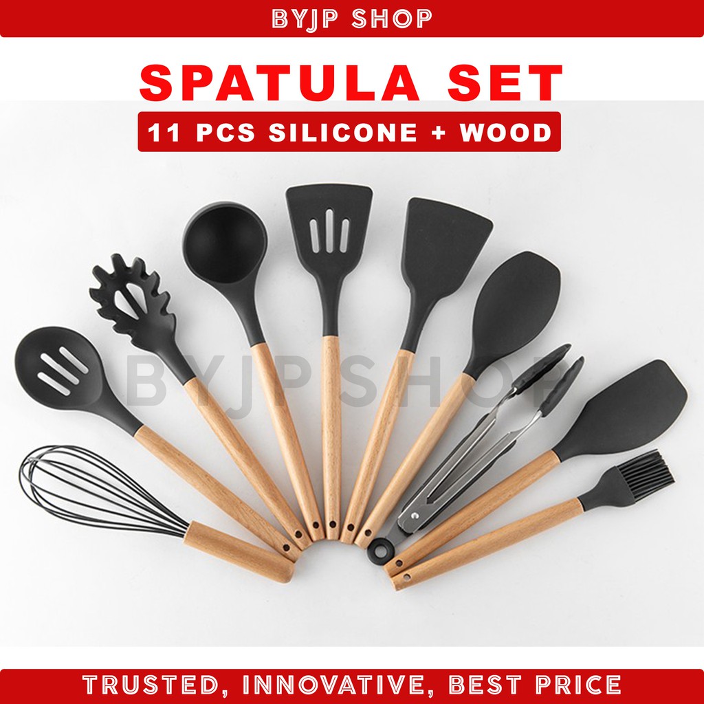 Spatula Bahan Kayu Dan Silikon Anti Lengket Lengkap 1 Set 11 Pcs Wood