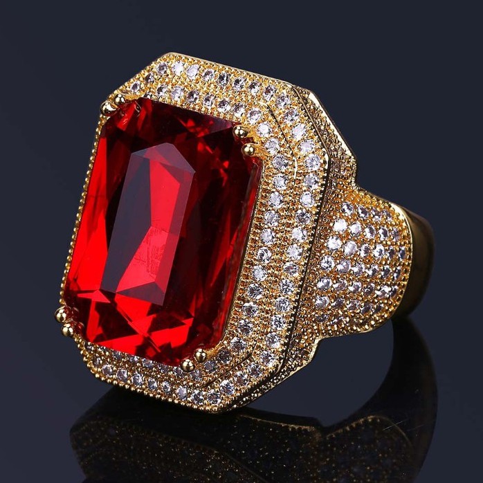 SEUSUK   Fashion Popular Men Gold Filled Garnet Red Diamond Wedding Ring Jewelry