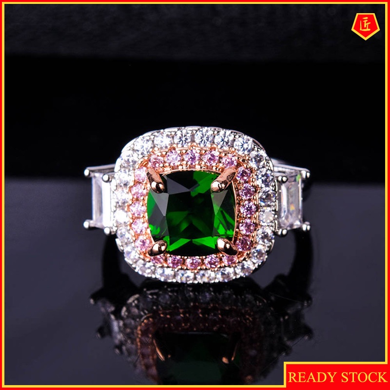 [Ready Stock]INS Style Two-Tone Inlaid Emerald Square Diamond Ring