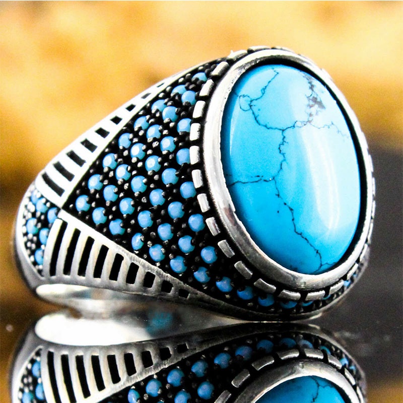 Cincin Bahan Titanium Steel Warna Silver Hias Mutiara Turquoise Gaya Vintagepunk Untuk Pria