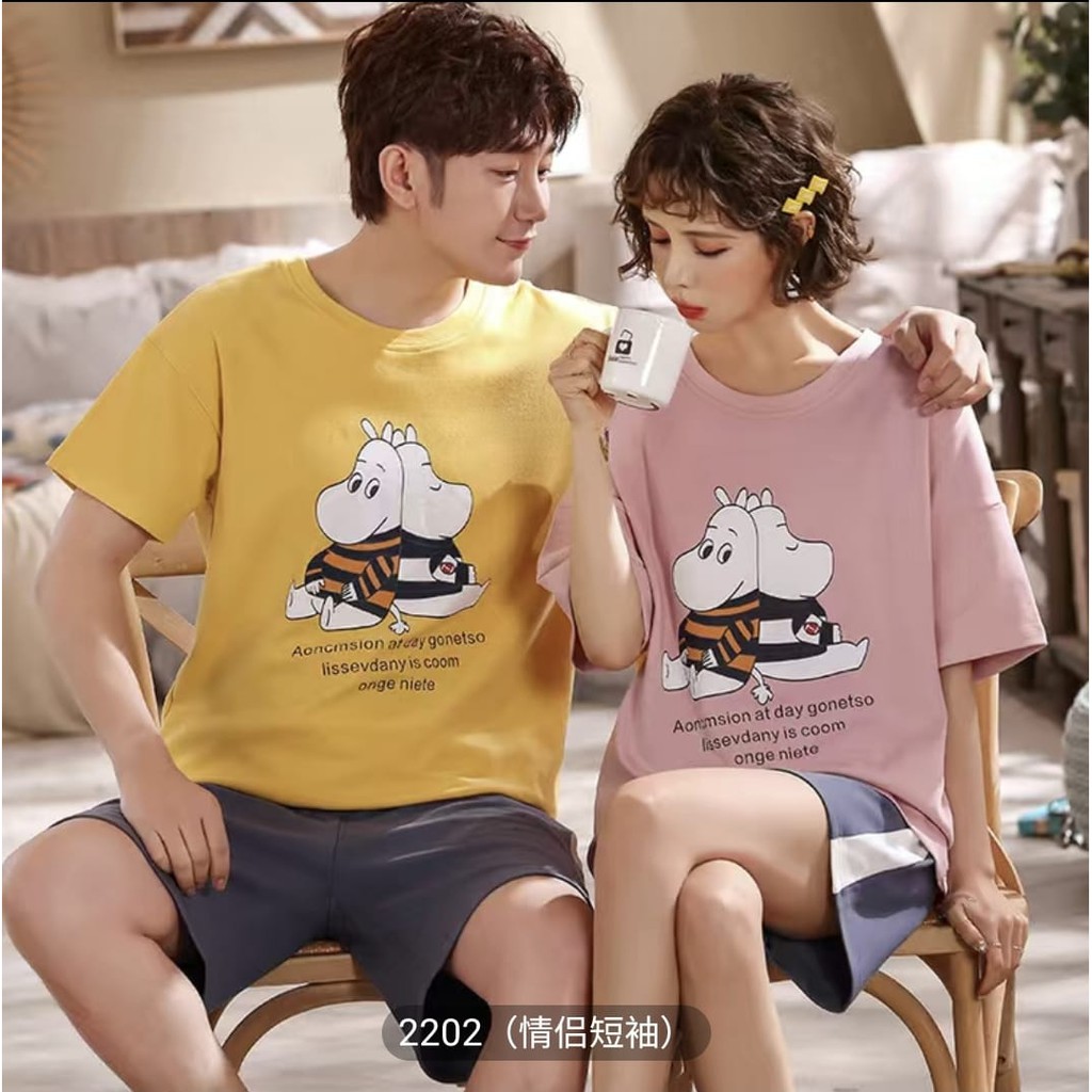 Baju tidur piyama couple bahan kaos import lengan pendek celana pendek HPcouple