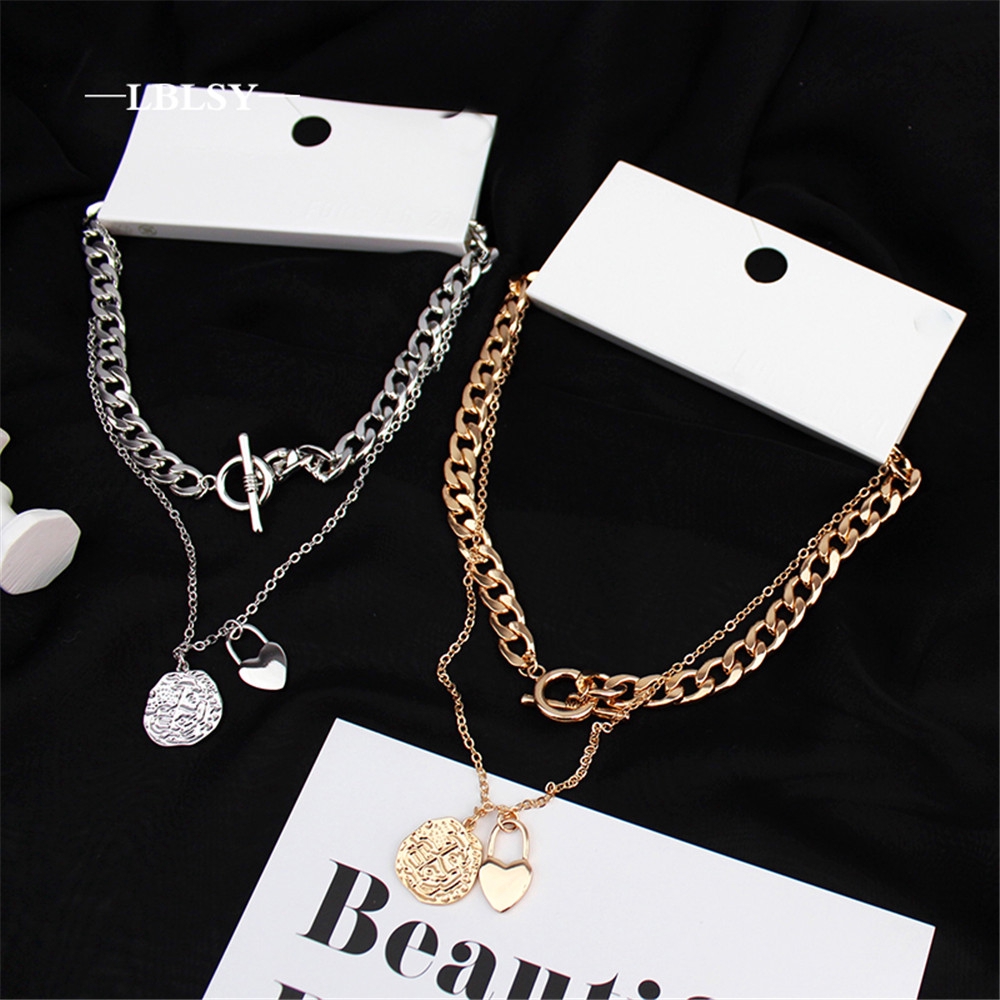 【COD Tangding】New Korea Fashion Style Chain Heart Lock Pendant Two - Layer Necklace Accessories