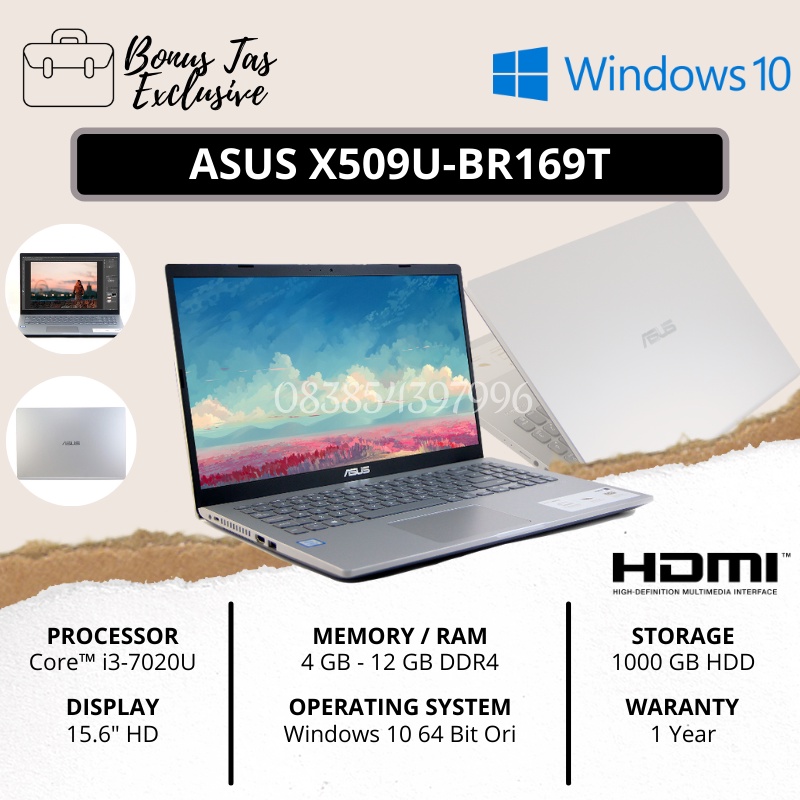 LAPTOP ASUS X509U BR169T [CORE I3-7020U / RAM 12GB DDR4 / HDD 1 TB + SLOT SSD / 15.6&quot; HD / WINDOWS 10 ORIGINAL / SILVER / FREE TAS EXCLUSIVE] - TEKNO KITA