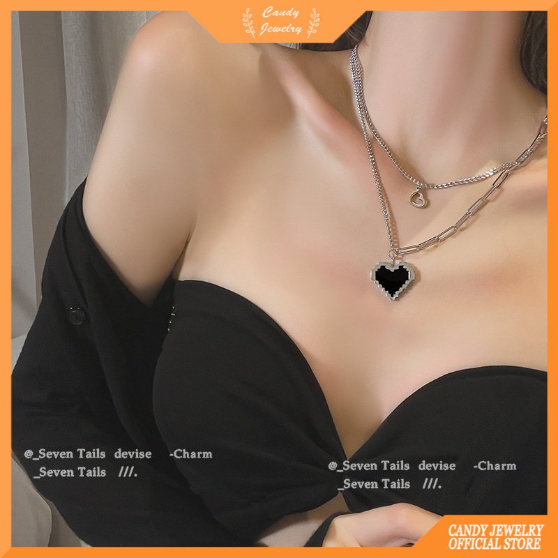 2pcs / Set Kalung Liontin Mosaik Hati Warna Hitam Untuk Wanita