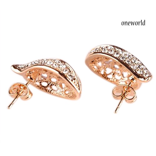 OW@ 1 Pair Fashion Women's Lady Hollow Leaf Rhinestone Ear Stud Earrings Golden Tone