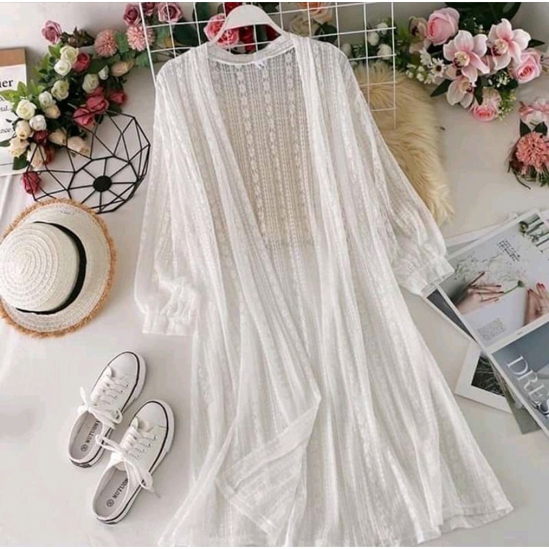 PROMO Long Outer Panjang Kardygan Lace Brukat Lengan Balon | Cardigan Baju Wanita Muslimah | Busana Pantai-4