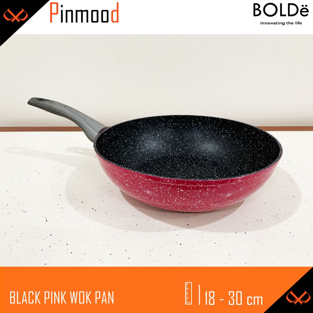 BOLDE BLACK PINK WOK PAN / WOKPAN SUPER PAN COATING GRANITE PANCI PENGGORENGAN WAJAN WOK ANTI LENGKET 18 20 22 24 26 28 30 CM