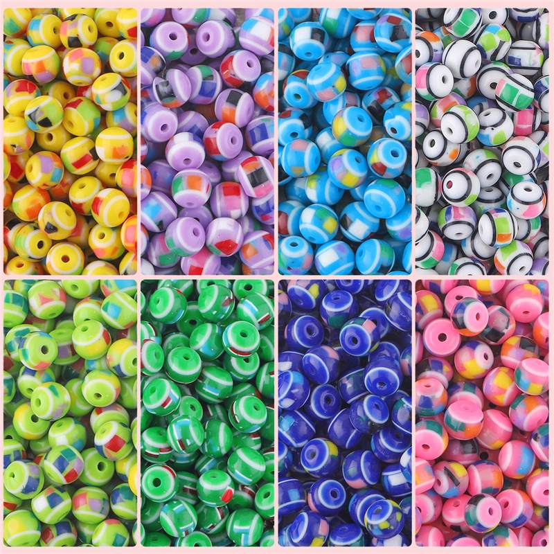 50pcs Manik-Manik Resin Bulat Motif Garis Warna Pelangi Handmade Untuk Membuat Perhiasan