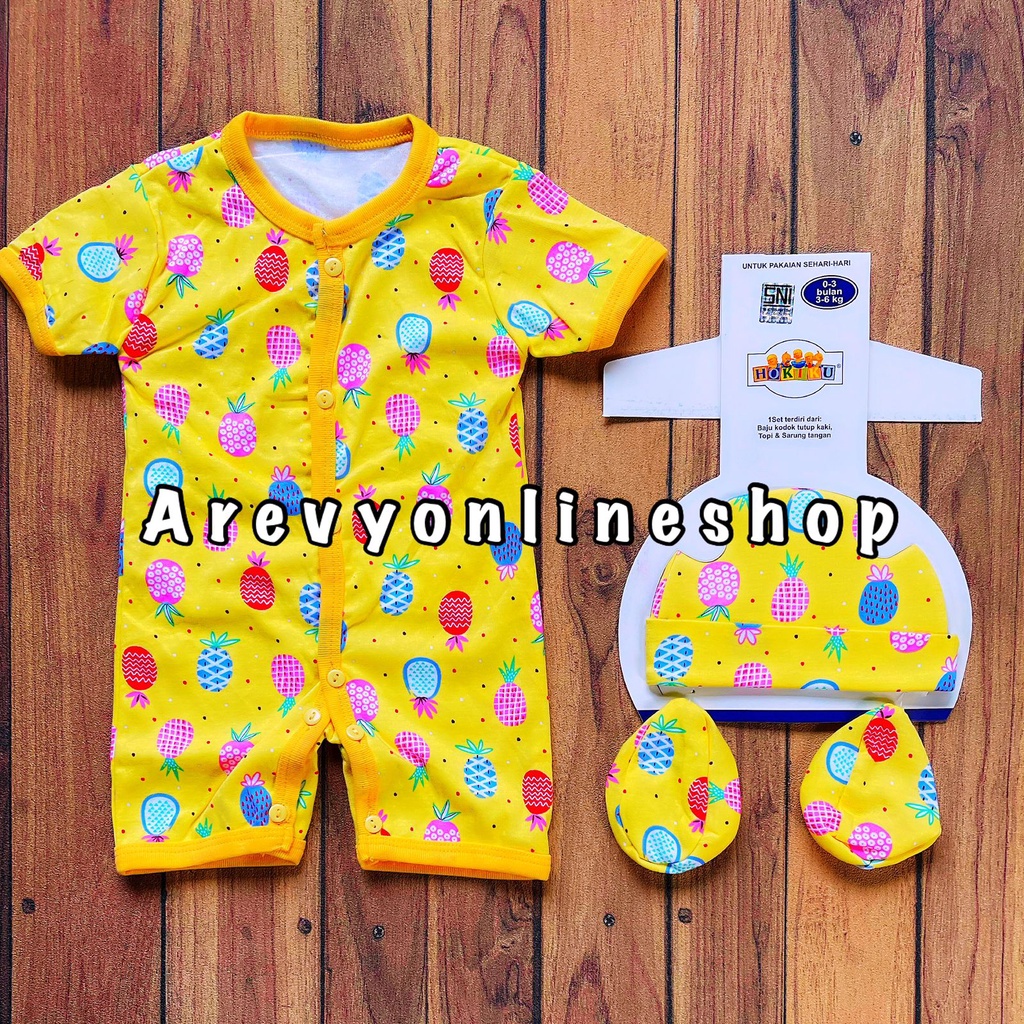 HOKIKU Set 3in1 Romper Baju Bayi Kodok Segiempat Termasuk Sarung Kaki + Topi SNI Lembut