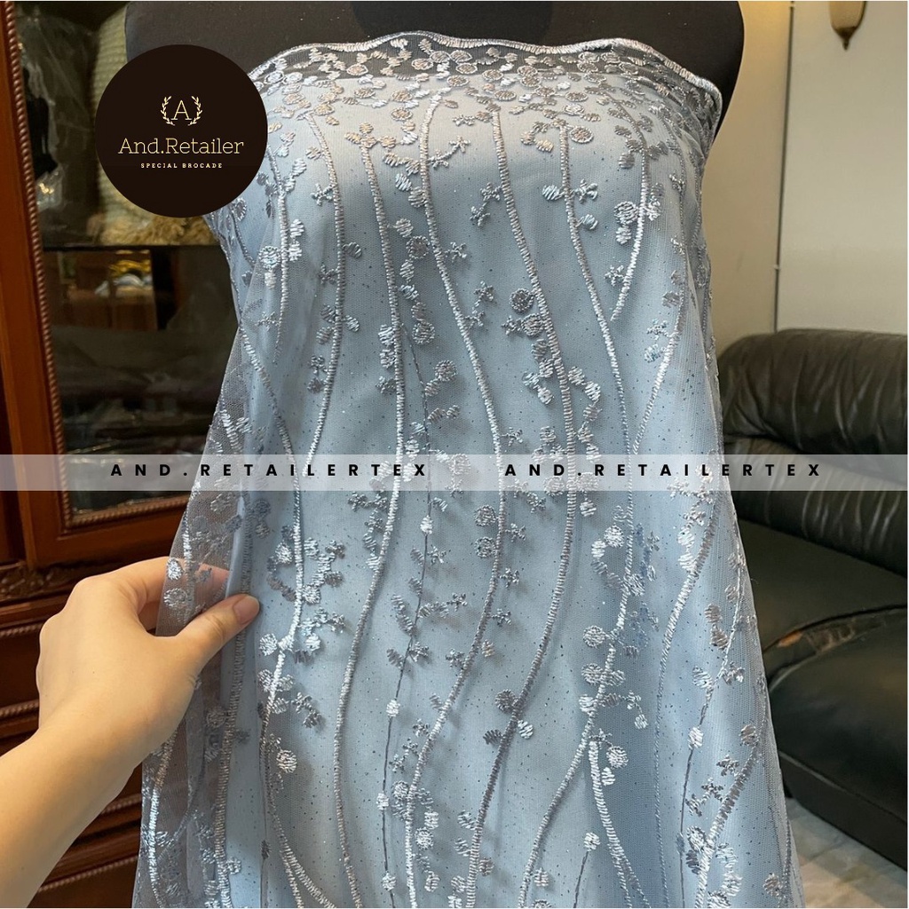 Kain Bahan Kebaya Brokat Tile Bordir Gloria Luxury New Edition Warna Baby Blue Metalic