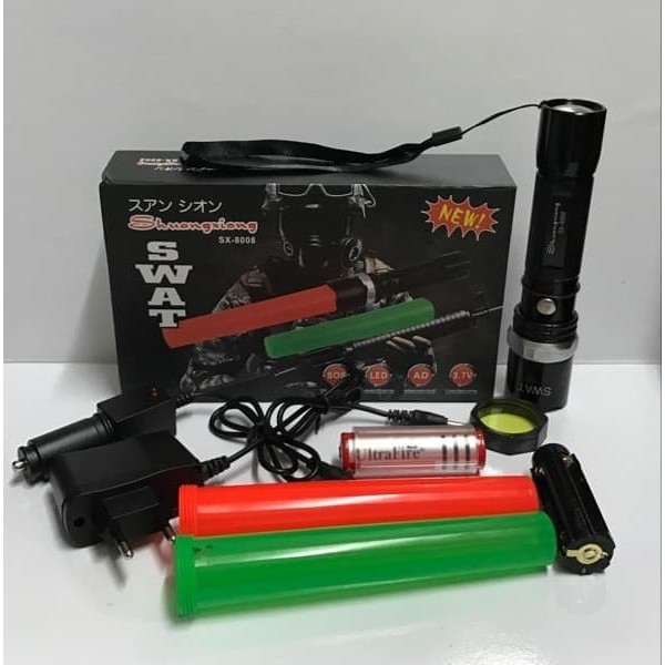 Paket Lengkap Senter Led Emergency Swat Police Cone Kompas SX 8008