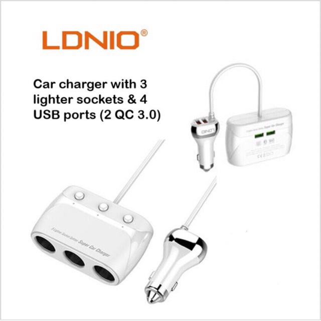 CAR Cahrger LDNIO LC504 ORIGINAL 3 Slot dan 2 Colokan USB 3A - FAST CHARGING - Casan MOBIL