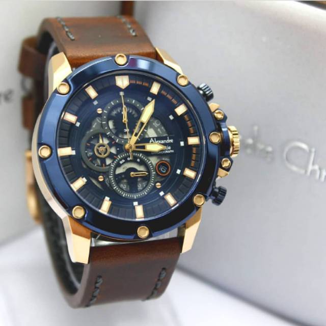 Alexandre christie original ac6416 case blue tali kulit coklat
