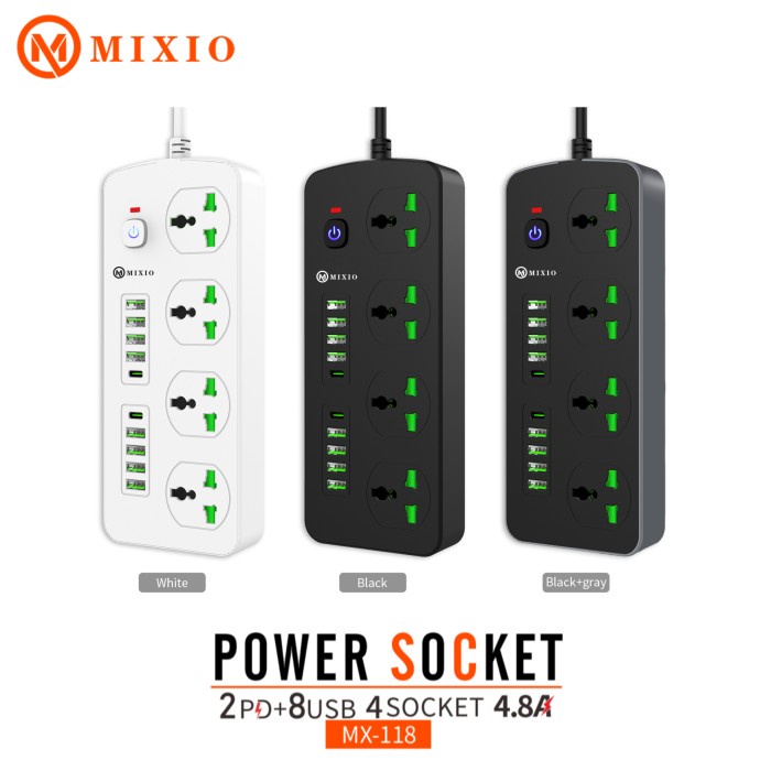 MIXIO MX-118 4.8A Power Socket Charger 2PD+8 USB+4 Socket