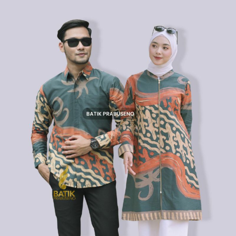 Batik Couple Prabuseno Modern Motif Nesa Tunik Wanita Printing Handmade Lapis Furing Trikot dan Zipp