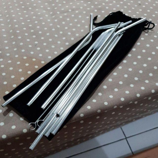 Paket Sedotan Stainless Steel Straw Dan Sikat Sedotan Free Pouch Hitam