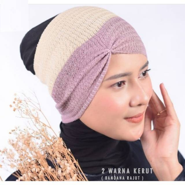 Ciput Bandana Rajut 2 Warna Kerut Inner Rajut Bandana Dalaman Jilbab Rajut Daleman Kerudung Daleman 