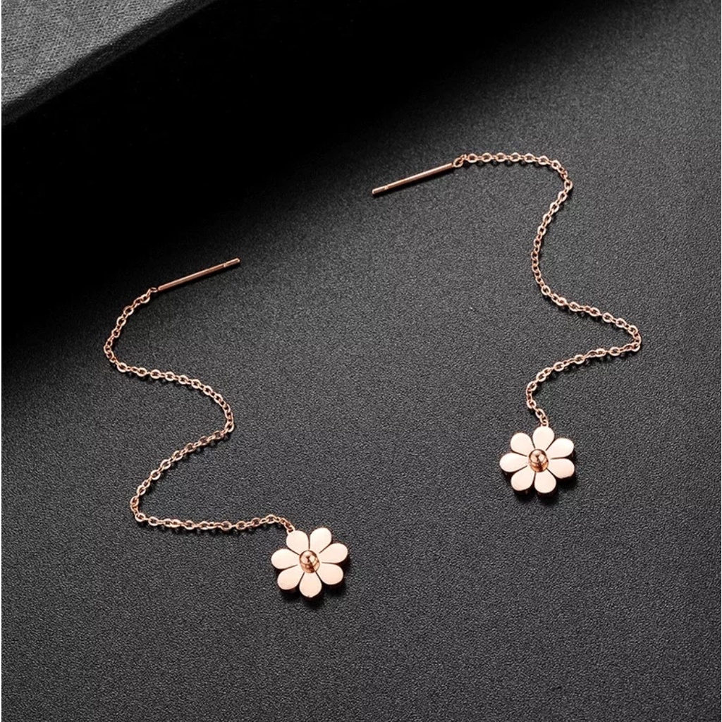 Anting Drop Titanium Aksen Bunga Warna Steel Rose Gold