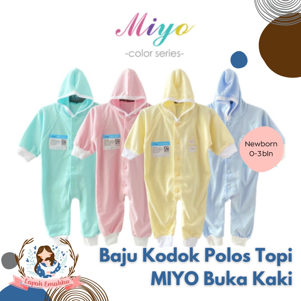 Baju Bayi Kodok MIYO 2 Pcs Sleepsuit Topi Buka Kaki Warna Polos Newborn - Perlengkapan Bayi