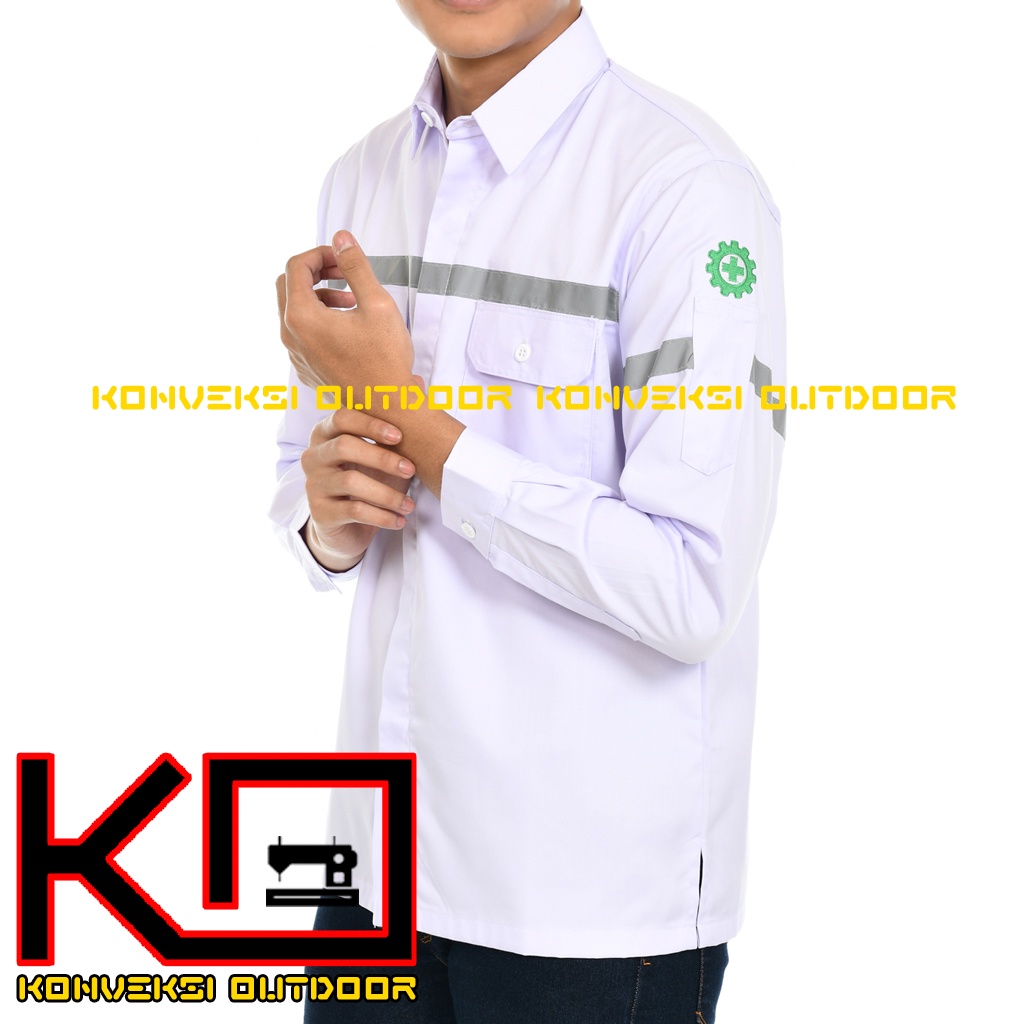 Kemeja Safety Pria Lengan Panjang - Baju Kemeja Kerja Proyek Wearpack Safety K3 Lapangan Outdoor Scotlite Indonesia Tebal Tambang Listrik Mekanik Teknisi Mesin Bangunan Werpack Driver Operator PLN Intalasi Listrik Enginer Teknik Sipil Kilang Warna Putih