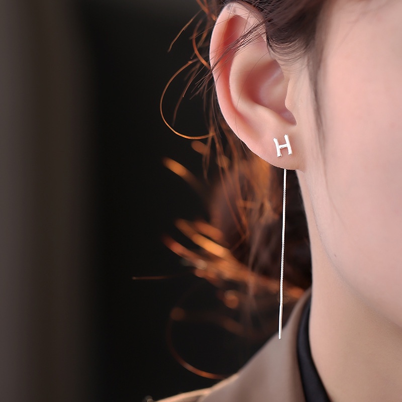 Anting Panjang Bahan S925 Silver Motif Tulisan Gaya Korea Untuk Wanita