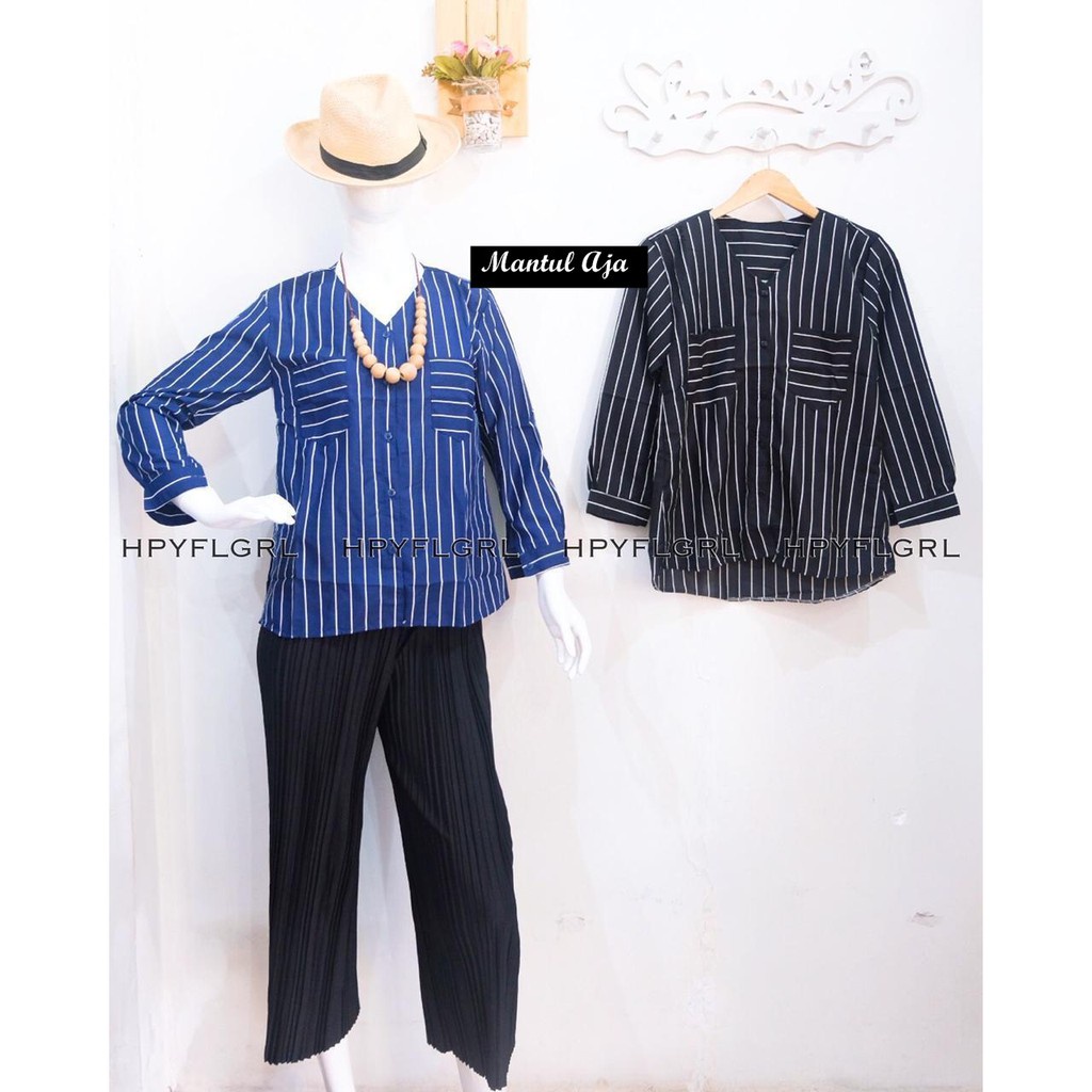 DT OLLSHOP - Baju Kemeja Kantor V-NECK Stripe Wanita / Cewek