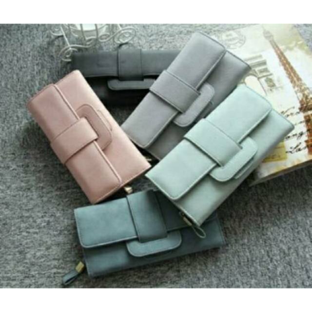 Aksesoris Fashion Wanita: Dompet Panjang Lipat+Slot Kartu Bahan Kulit Warna Polos dengan Resleting