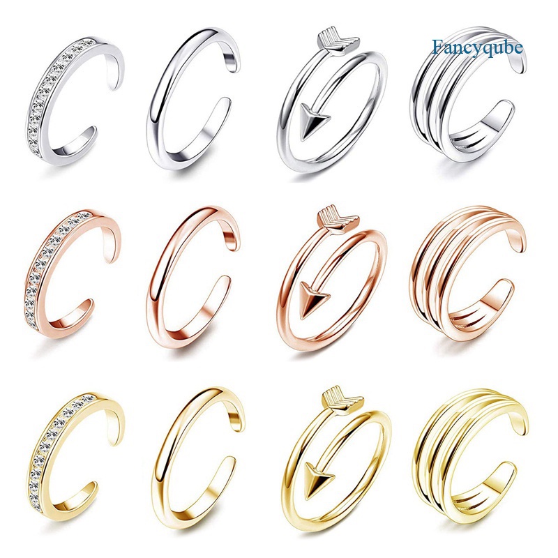 Fancyqube 4pcs Cincin Jari Kaki Model Terbuka Dapat Disesuaikan Aksen Kristal Bahan Tembaga Untuk Wanita