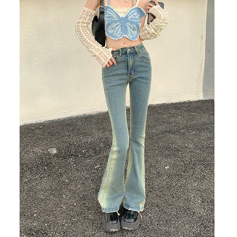 Red American hot girl flare celana wanita 2022 musim semi dan musim panas high-waisted slim fit slim lurus tabung micro-flare retro jeans wanita