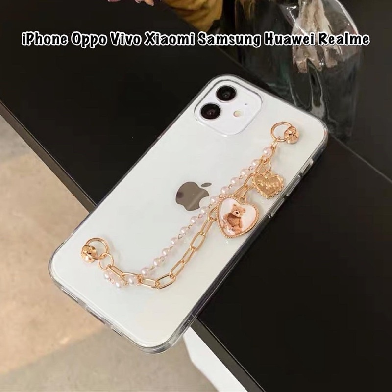 Korean Case Gold Bear Chain ALL PHONE TYPES Samsung A22 A11 M31 M21 A32 A52 A72 S20 S21 FE Ultra S10