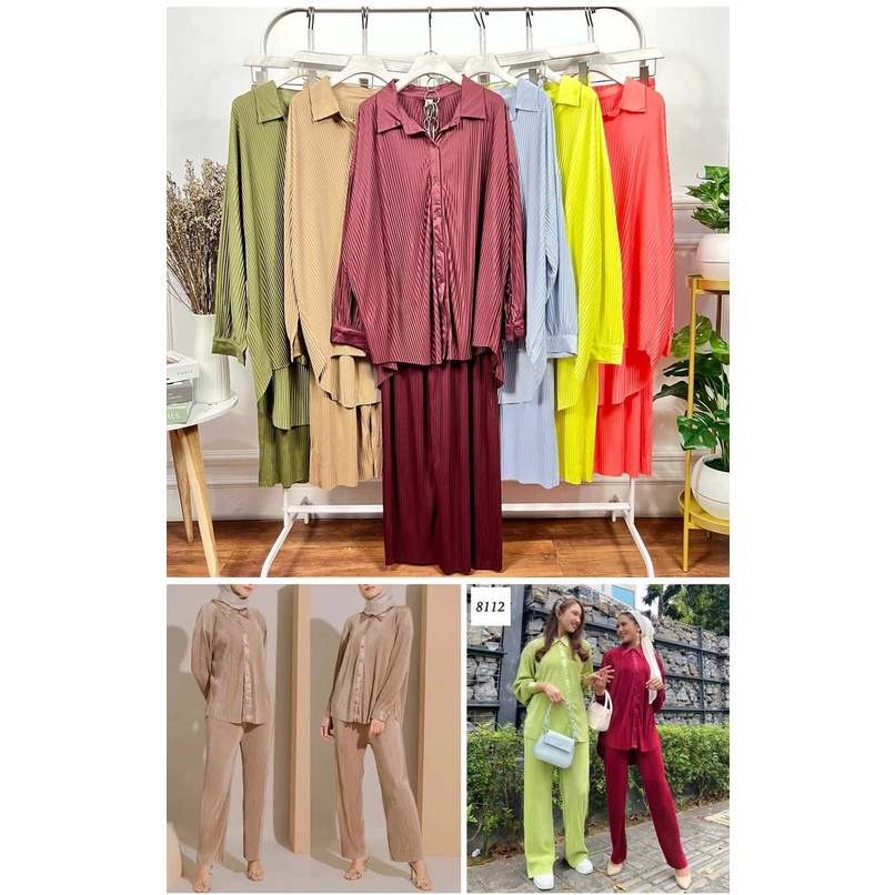 23125 ONE SET CELANA PJ KULOT PLISKET PLEADS ATASAN MODEL KEMEJA BELAH DEPAN OVERSIZED TANGAN 3/4 SETELAN PLISKET PLEADS CELANA KULOT SET BASIC WANITA PLISKET-4