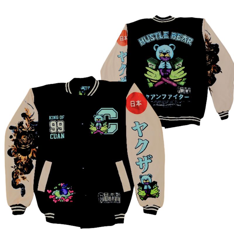 JACKET VARSITY BASEBAAL MOTIP TERBARU PRIA WANITA SAIZE L XL-Hustle bear
