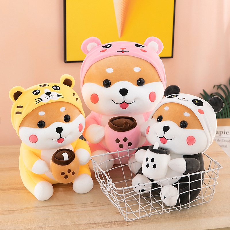 Boneka shiba pegang bubble tea costume lucu bahan plush