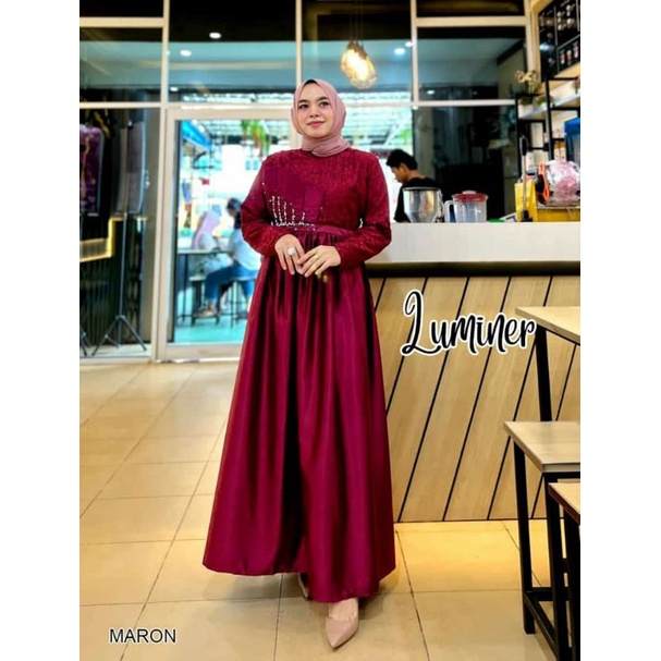 Luminer Maxy wanita muslim gamis Maxi bahan Maxmara velvet brukat LD110 mewah pesta cantik elegant