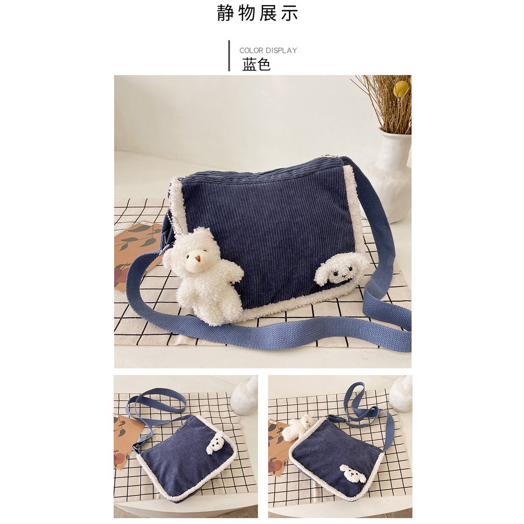 TC-76 tas selempang wanita corduroy bulu cute bear sling bag import korea jepang c