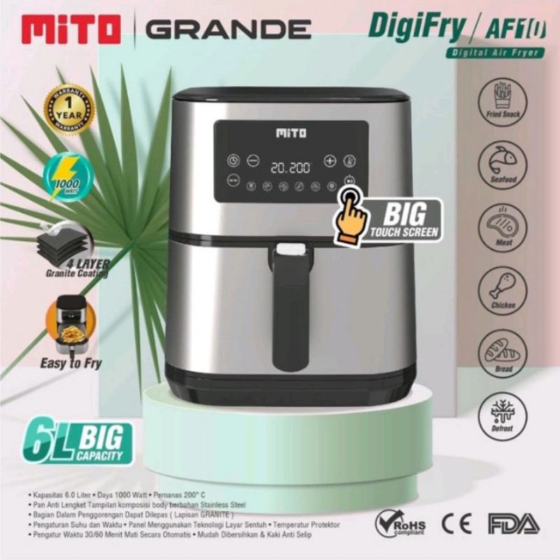 MITO AF 10 DIGITAL AIR FRYER AF10 GRANDE BIG CAPACITY 6 LITER FREE PAKING AMAN BUBLE WRAP + DOBEL KARTON