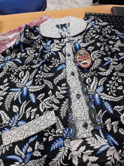 Batik Aksen Atasan Kerja Casual Batik Modern Wanita Peplum Kombinasi Embos Tanpa Lengan Panjang Solo