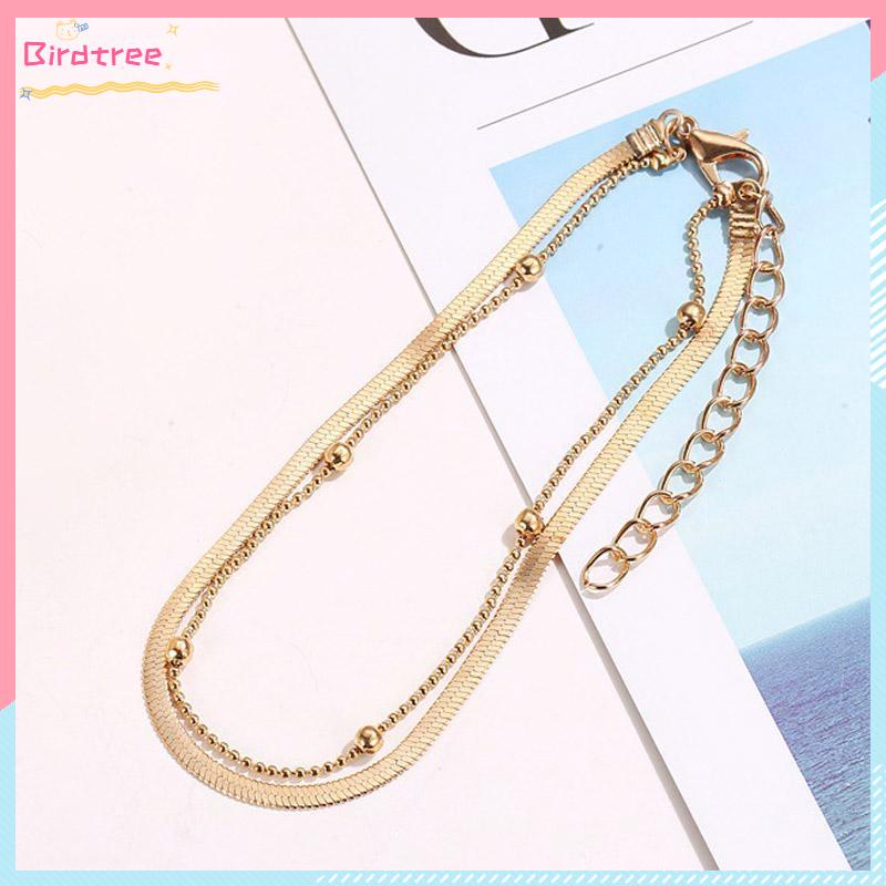 [Readystock❤️COD]Gelang Kaki Wanita Sederhana Lapisan Ganda Manik Bulat Rantai Tulang Ular Alas Kaki Fashion Gelang Kaki- BS