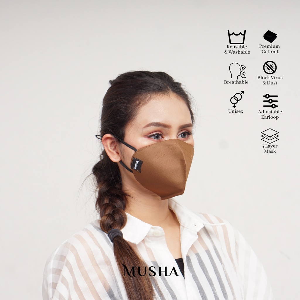 Musha KN95 Mask - Brown | Masker Kain 3 Ply Earloop