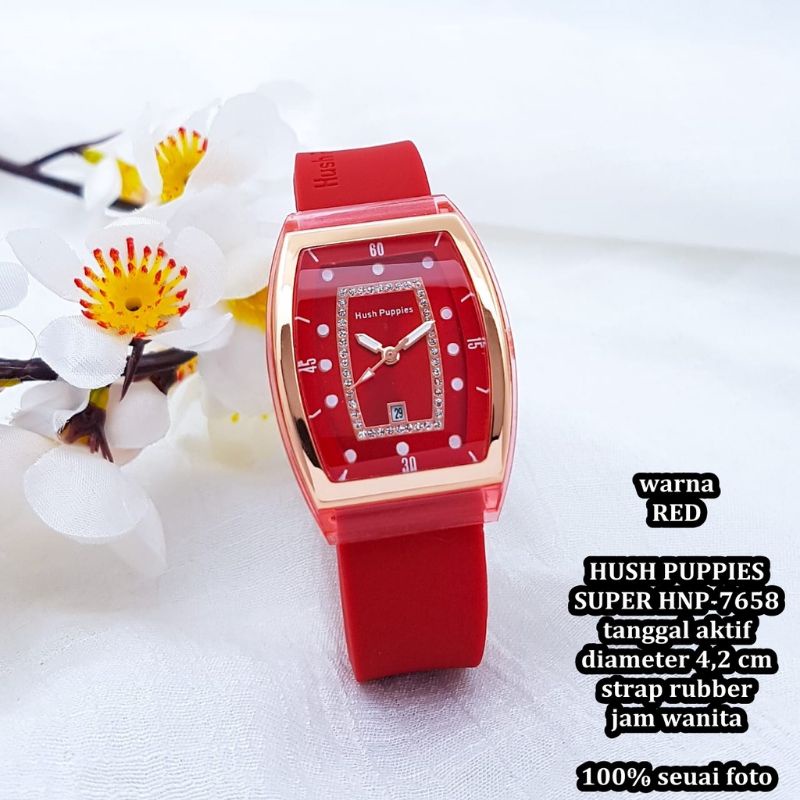 BS-Jam Tangan Wanita Hush Puppies Oval Strap Rubber Tanggal Aktif