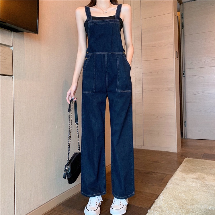 Suspender Celana Kodok Dark Denim Wanita Korea Style High Waist Pelangsing Jumpsuit HongKong Gaya Chic Lebar Kaki