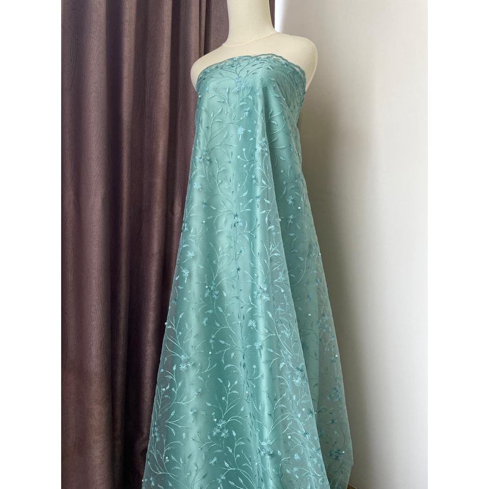 Bahan Kain Brokat Brukat Tile Mutiara Lotus New Series Warna Hijau Wardah