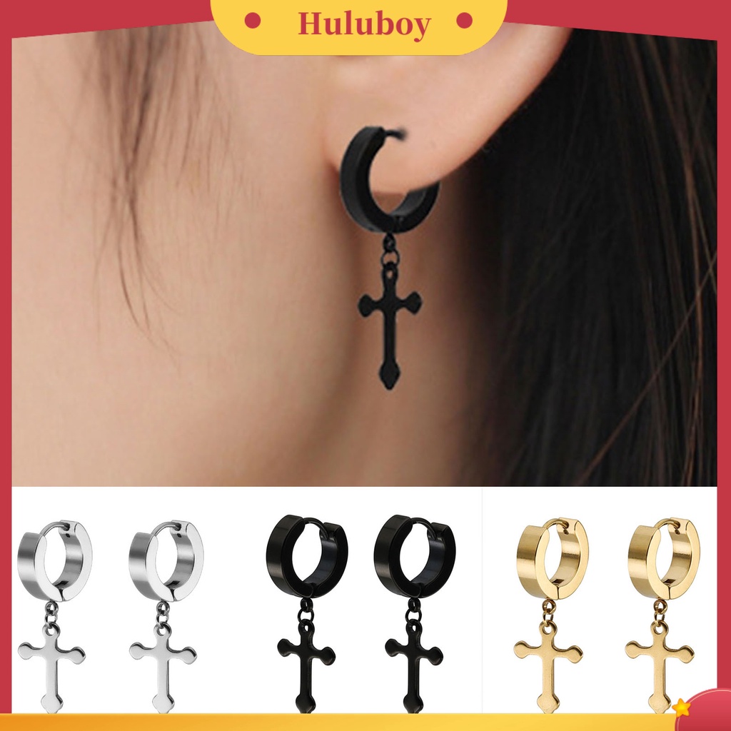 Hu Hu Hu Hu Hu Alat Bantu Pasang Kacamata♡ 1 Pasang Anting Hoop Liontin Salib Bahan Titanium Steel Tahan Lama Untuk Pria Dan Wanita