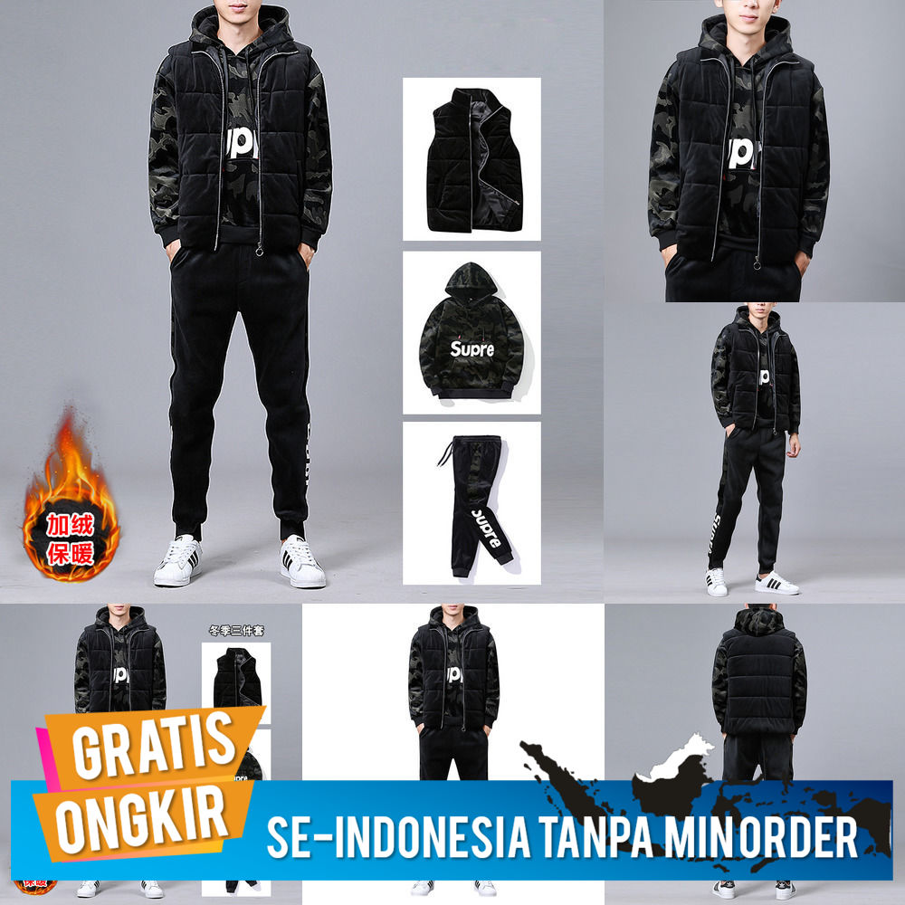 Jaket Olahraga Pria Winter olahraga pria jas kasual berkerudung beludru kamuflase