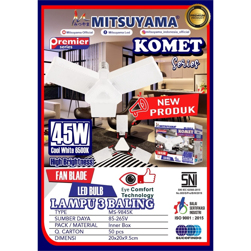 Barangunik2021- Lampu LED 3 Baling Komet 45 Watt Cahaya Putih Mitsuyama MS-9845K Fan Blade