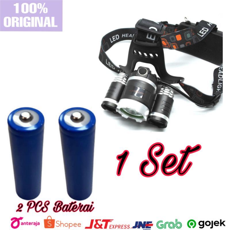 Paket Lampu Super Terang Senter Kepala TaffLED Power Headlamp 3 LED 5000 Lumens Cree XM-L - T6 HD-LD - Black