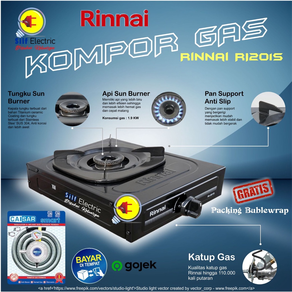 Kompor Gas Rinnai 2 Tungku RI 202 S / Kompor Rinnai 2 Tungku/Kompor Murah Promo 1 Set Plus Selang Regulator