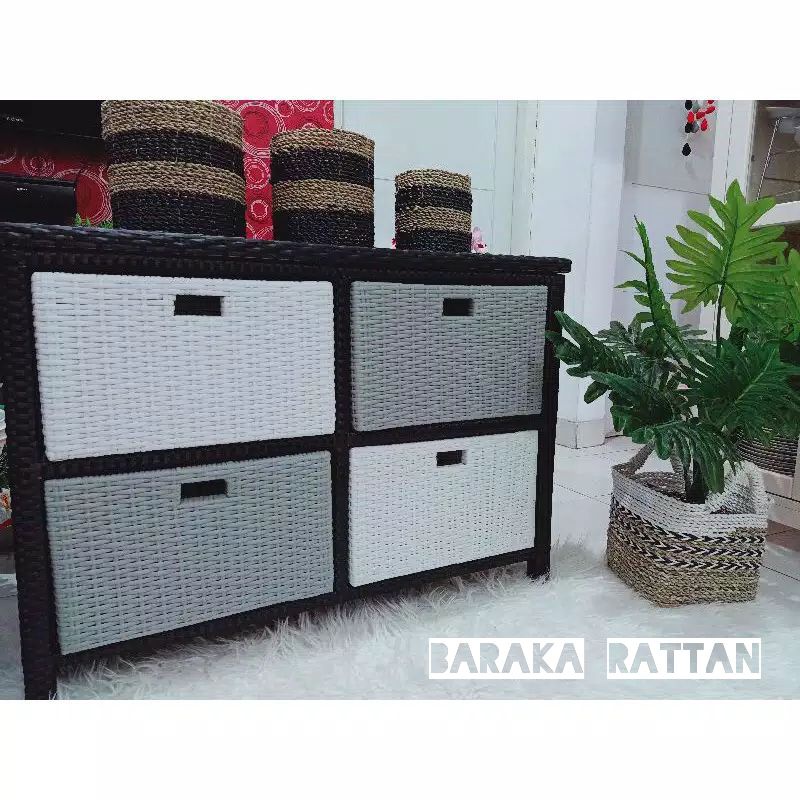 Lemari Laci Meja TV Rotan Sintetis Rak Susun 4 Pintu Laci Serbaguna